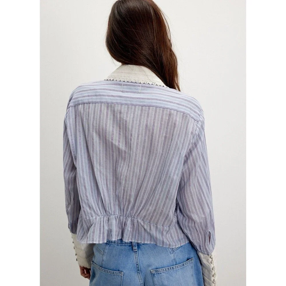 Free People Forever Love Striped Lace Top Romantic Peasant Victorian Size S